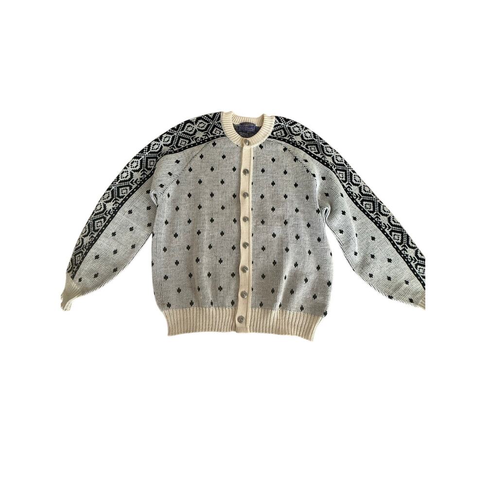 Vintage Pendleton 100% Virgin Wool Nordic Cardigan Sweater XL USA Black Ivory - Picture 3 of 11